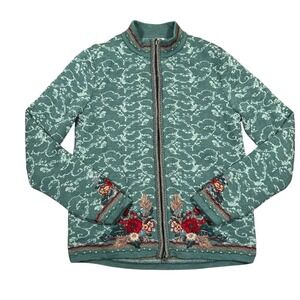 Pendleton Cardigan Sweater Women's S Wool Full Zip Sage Green Embroidered Floral